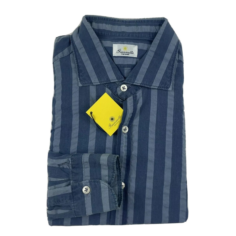 Giannetto Portofino Mens Blue Striped Cotton Button Up Shirt 16.5 42 NWT 91335